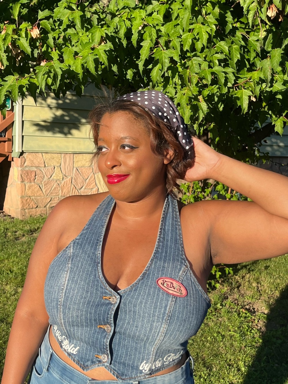 Von Dutch Blue Denim Halter Crop Top